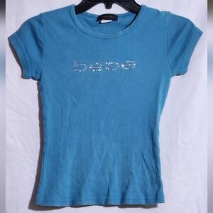 Bebe Y2K Blue Rhinestone Logo Babydoll T-Shirt
